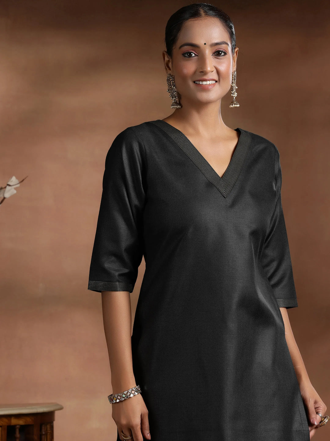  Black Solid Cotton Blend Straight Suit With Dupatta 