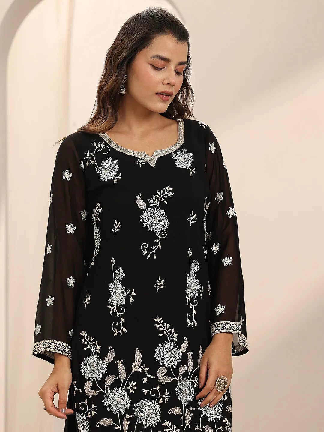  Libas Art Black Embroidered Georgette Straight Suit Set With Dupatta 