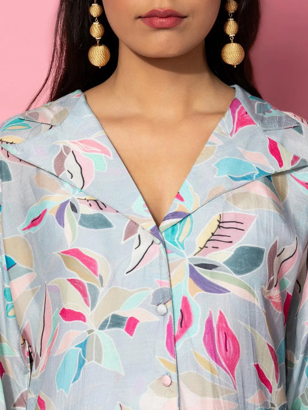 Grey Printed Silk Blend Co-Ords - Libas 