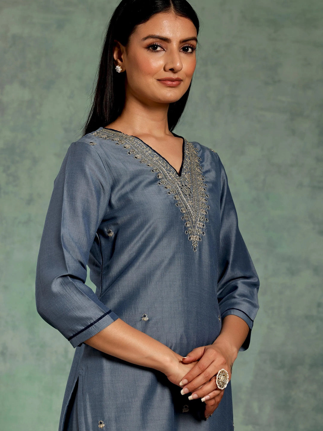 Blue Embroidered Silk Blend Straight Suit With Dupatta - Libas