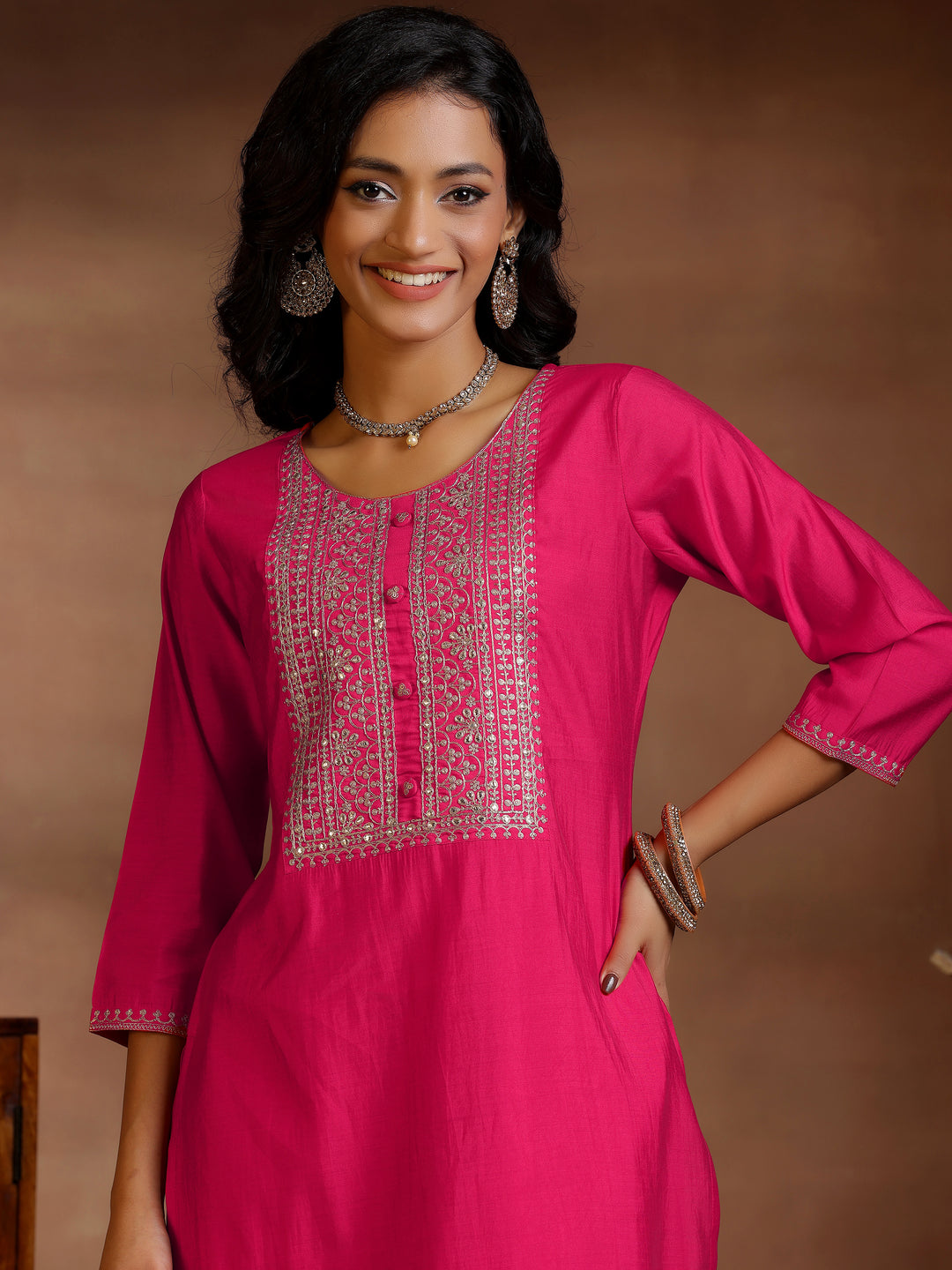  Pink Yoke Design Silk Blend Straight Suit Set With Dupatta 