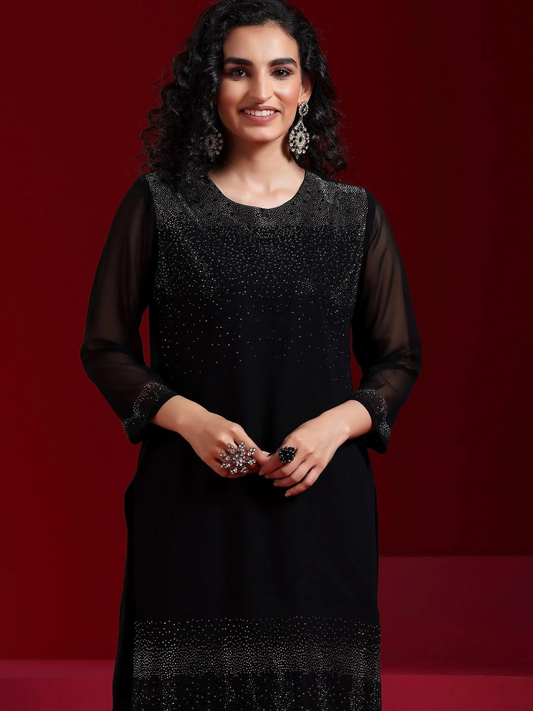  Libas Art Black Solid Georgette Straight Suit With Dupatta 