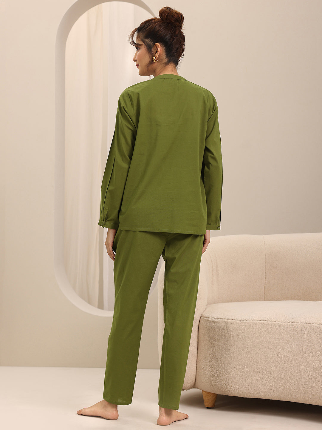  Olive Solid Cotton Night Suits 