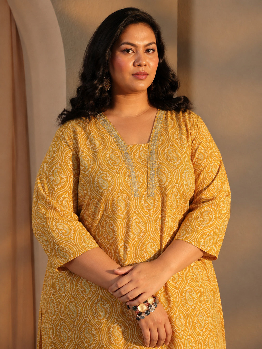  Plus Size Yellow Paisley Printed Cotton Straight Suit Set 