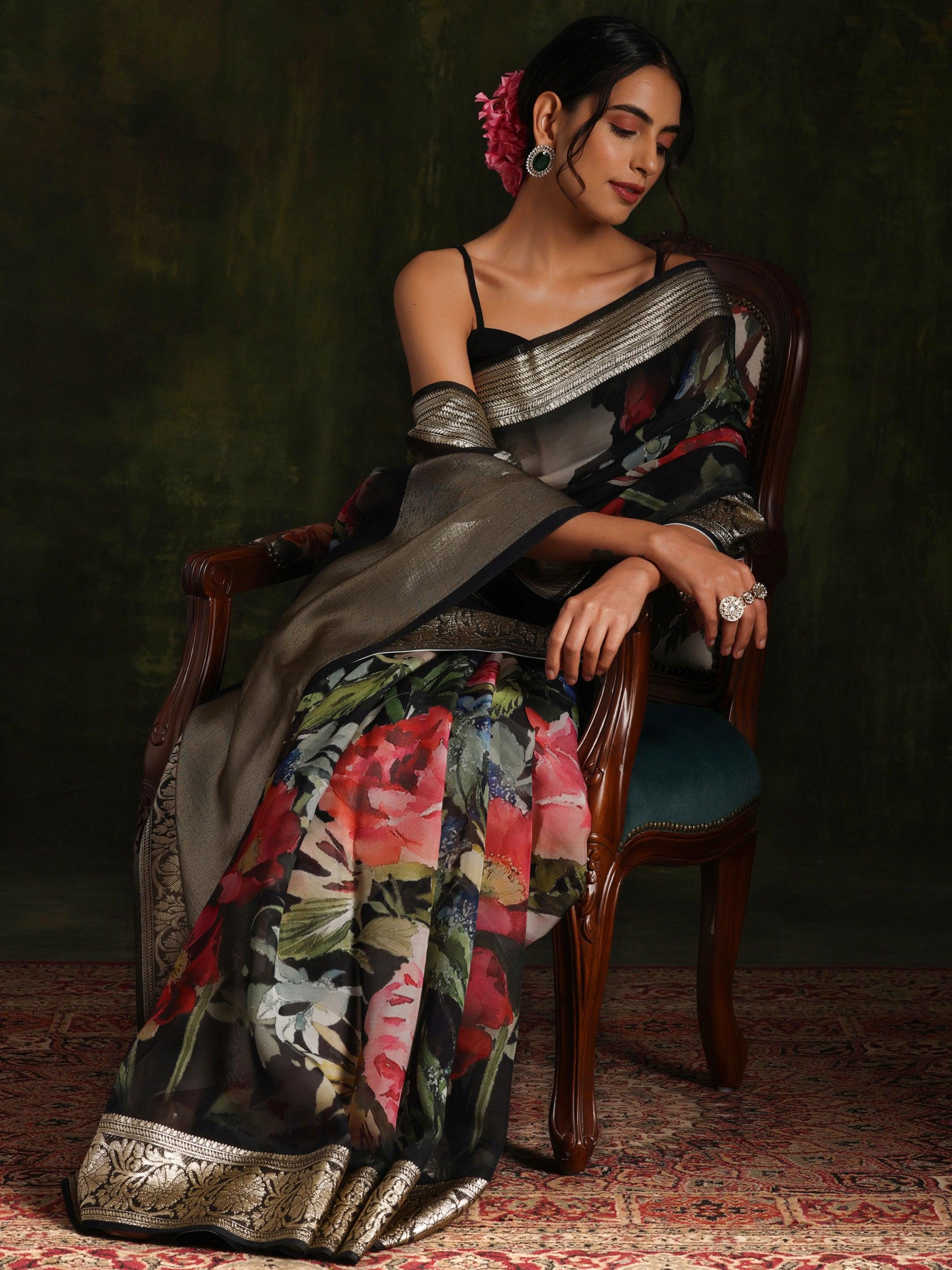 Black Printed Organza Saree With Unstitched Blouse Piece