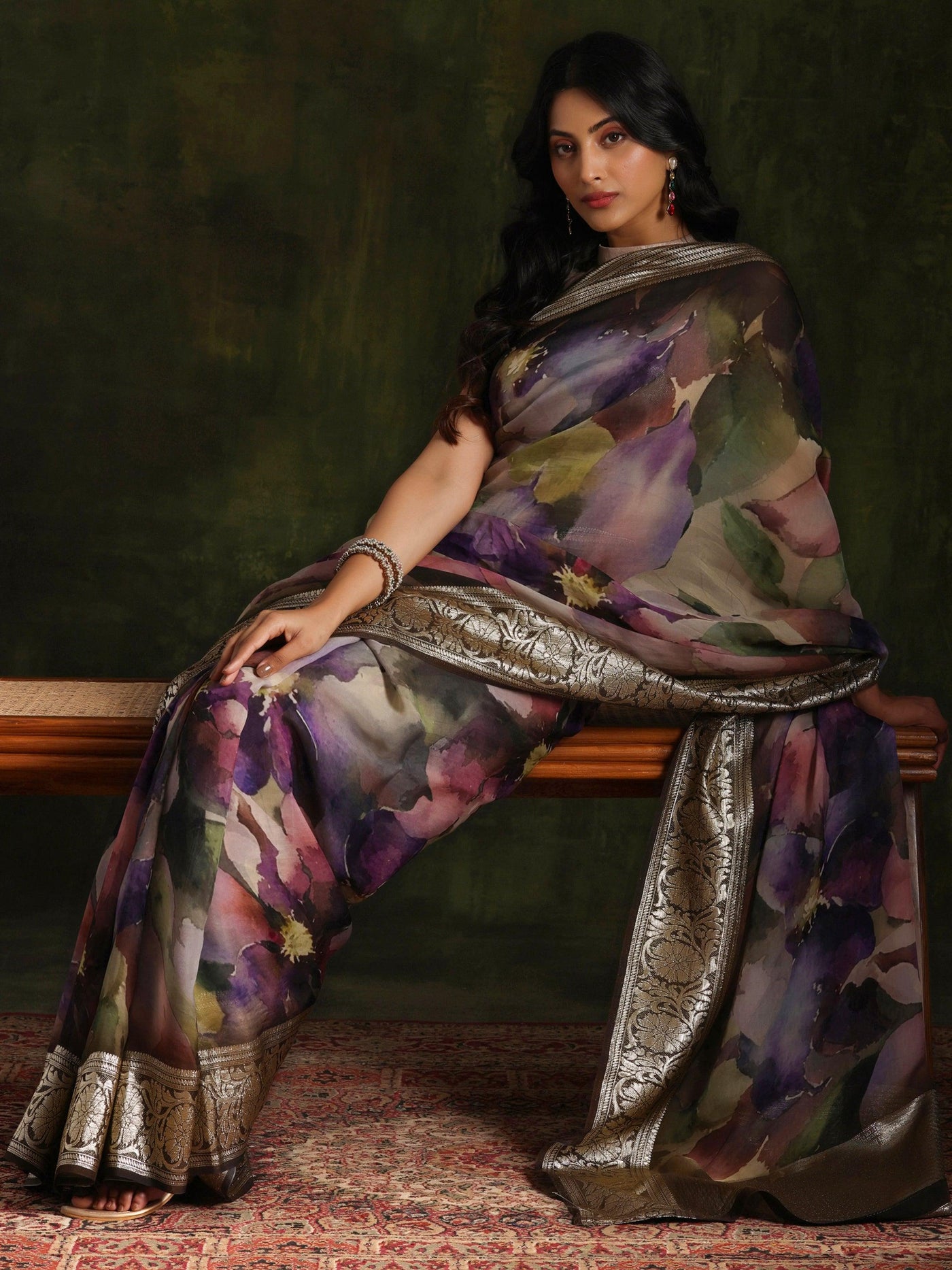 Multicoloured Printed Organza Saree With Unstitched Blouse Piece