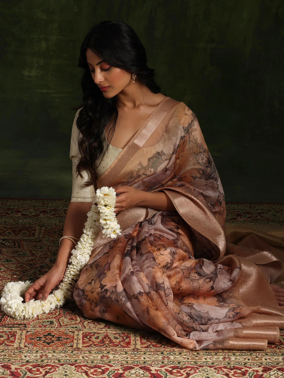 Golden Printed Silk Blend Saree With Unstitched Blouse Piece - Libas