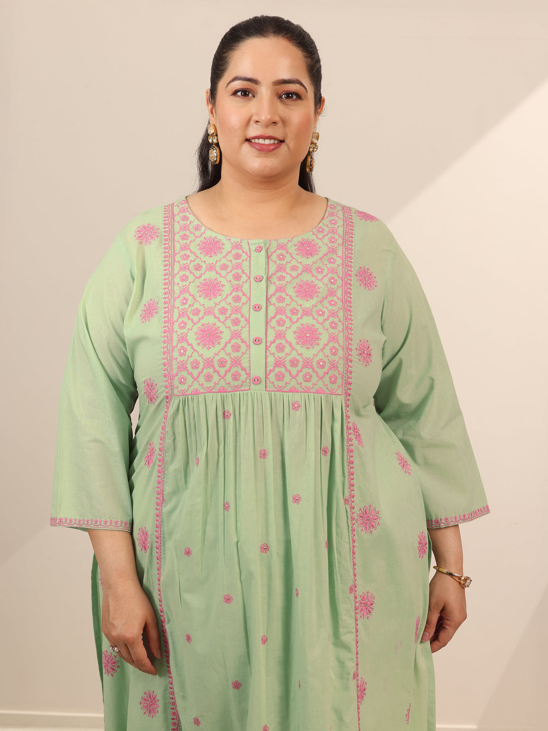  Plus Size Green Embroidered Cotton Straight Suit Set With Dupatta 