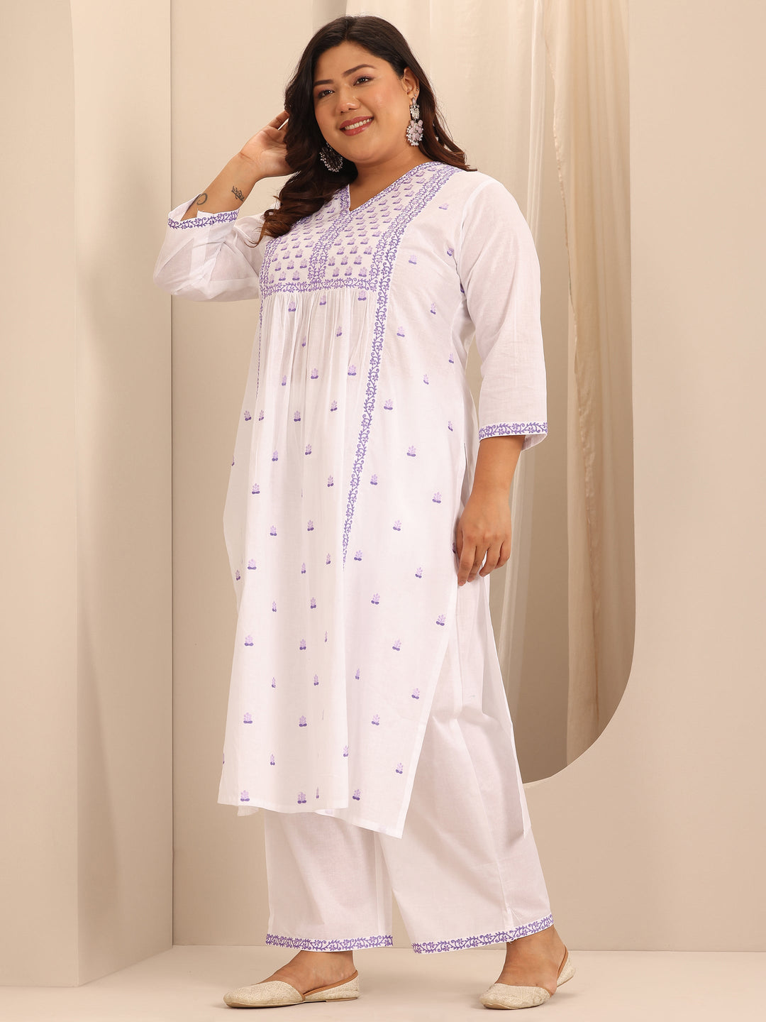  Plus Size White Embroidered Cotton A-Line Suit Set With Dupatta 