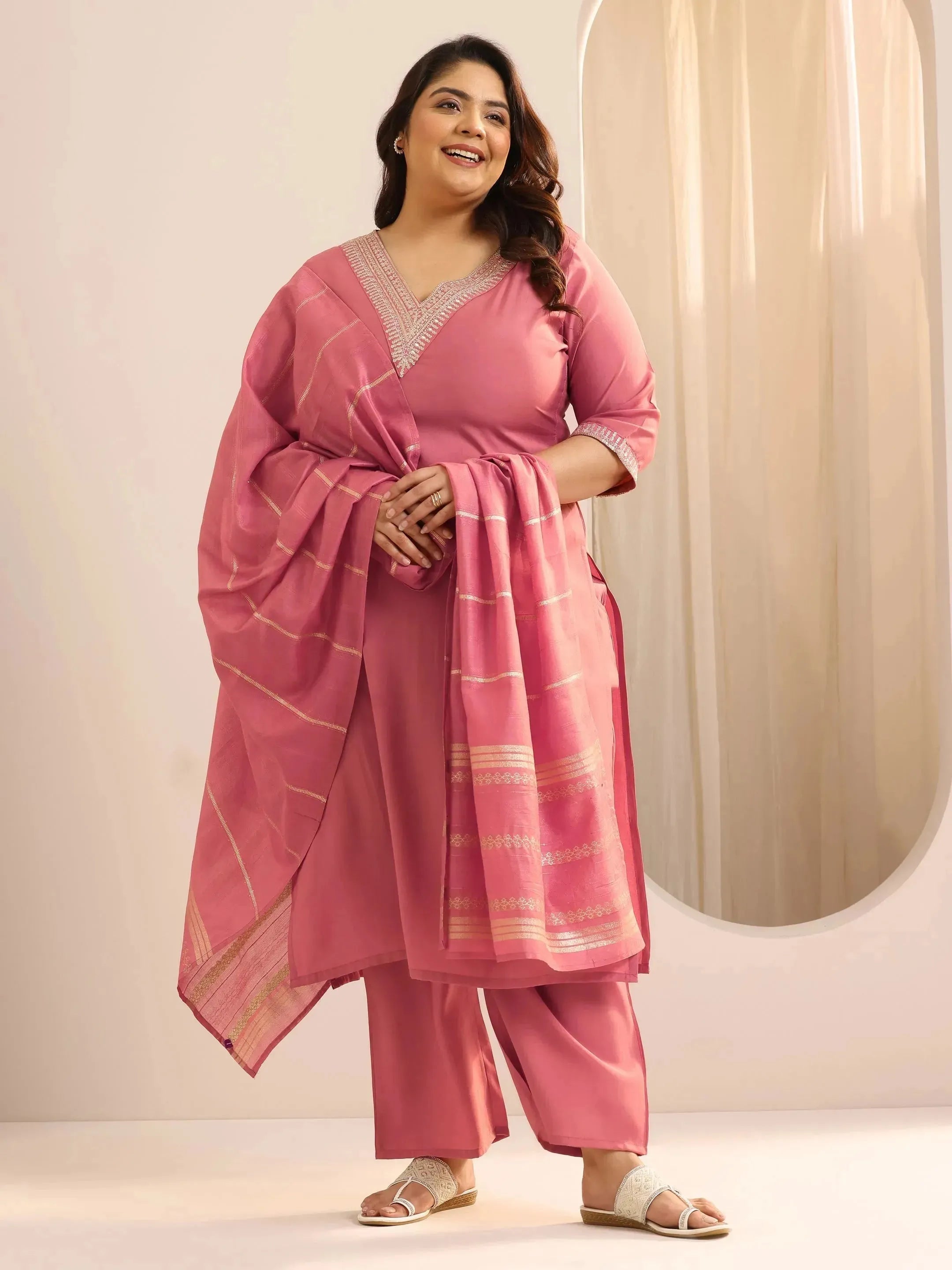 libas Plus Size Peach Yoke Design Silk Blend Straight Suit Set With Dupatta-picture-14