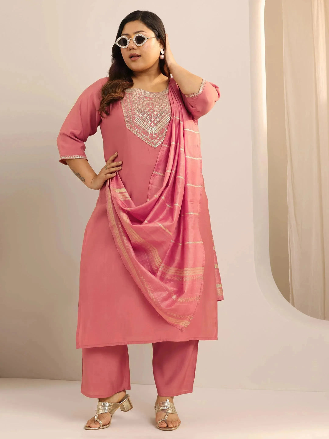 Plus Size Peach Yoke Design Silk Blend Straight Suit Set With Dupatta