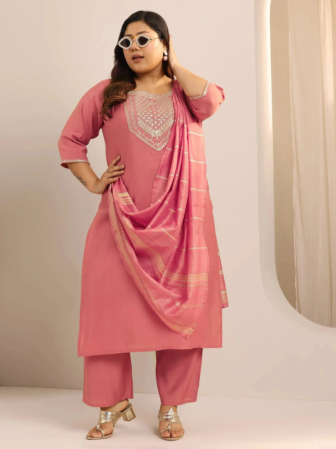 Plus Size Peach Yoke Design Silk Blend Straight Suit Set With Dupatta