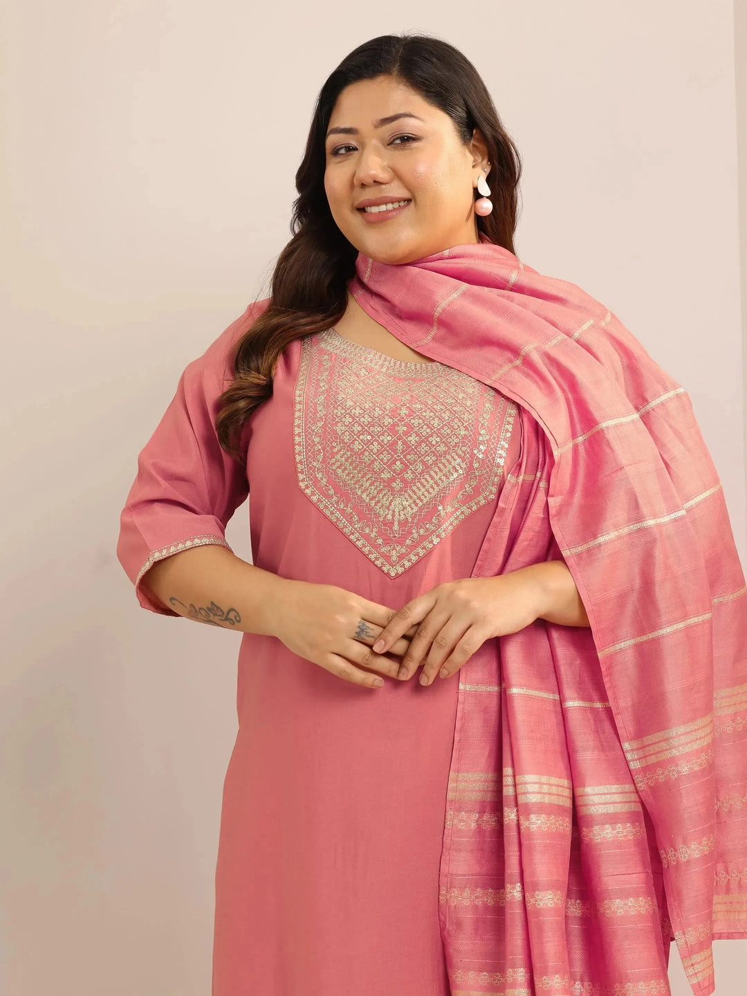  Plus Size Peach Yoke Design Silk Blend Straight Suit Set With Dupatta 