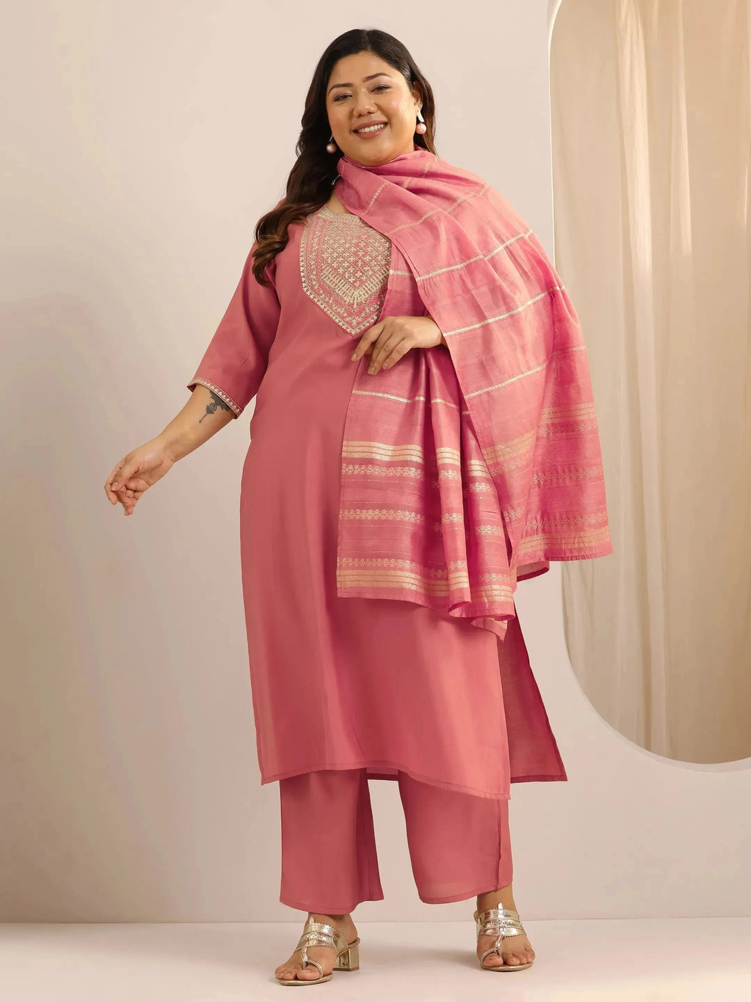  Plus Size Peach Yoke Design Silk Blend Straight Suit Set With Dupatta 