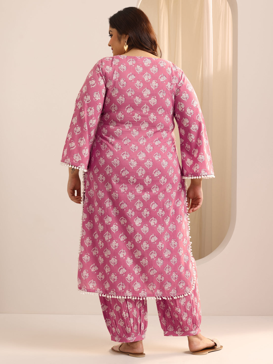 Plus Size Peach Printed Cotton Straight Kurta Set 