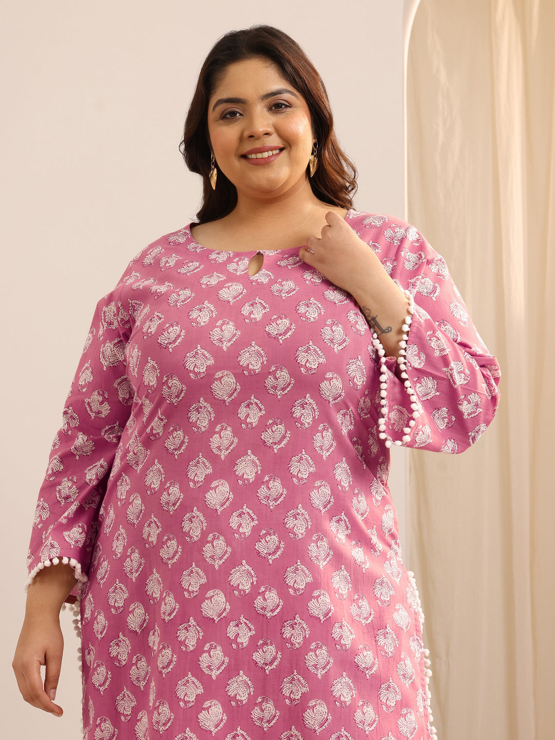  Plus Size Peach Printed Cotton Straight Kurta Set 