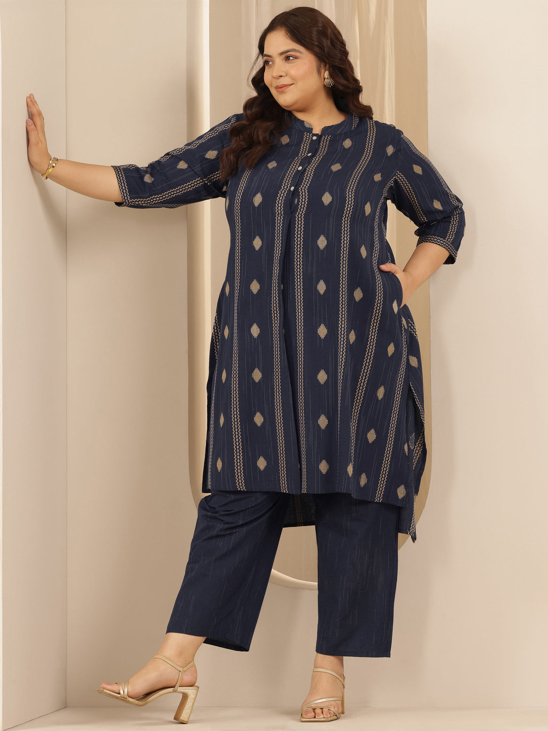 Plus Size Blue Woven Design Cotton Blend Straight Kurta Set