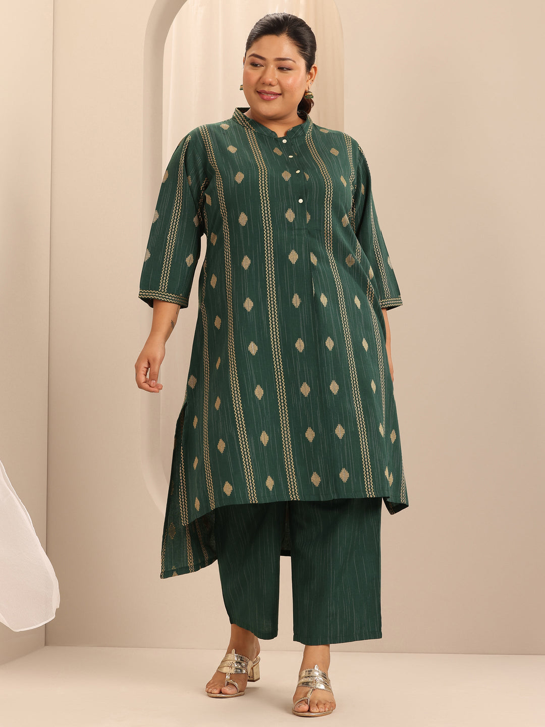  Plus Size Green Woven Design Cotton Blend Straight Kurta Set 