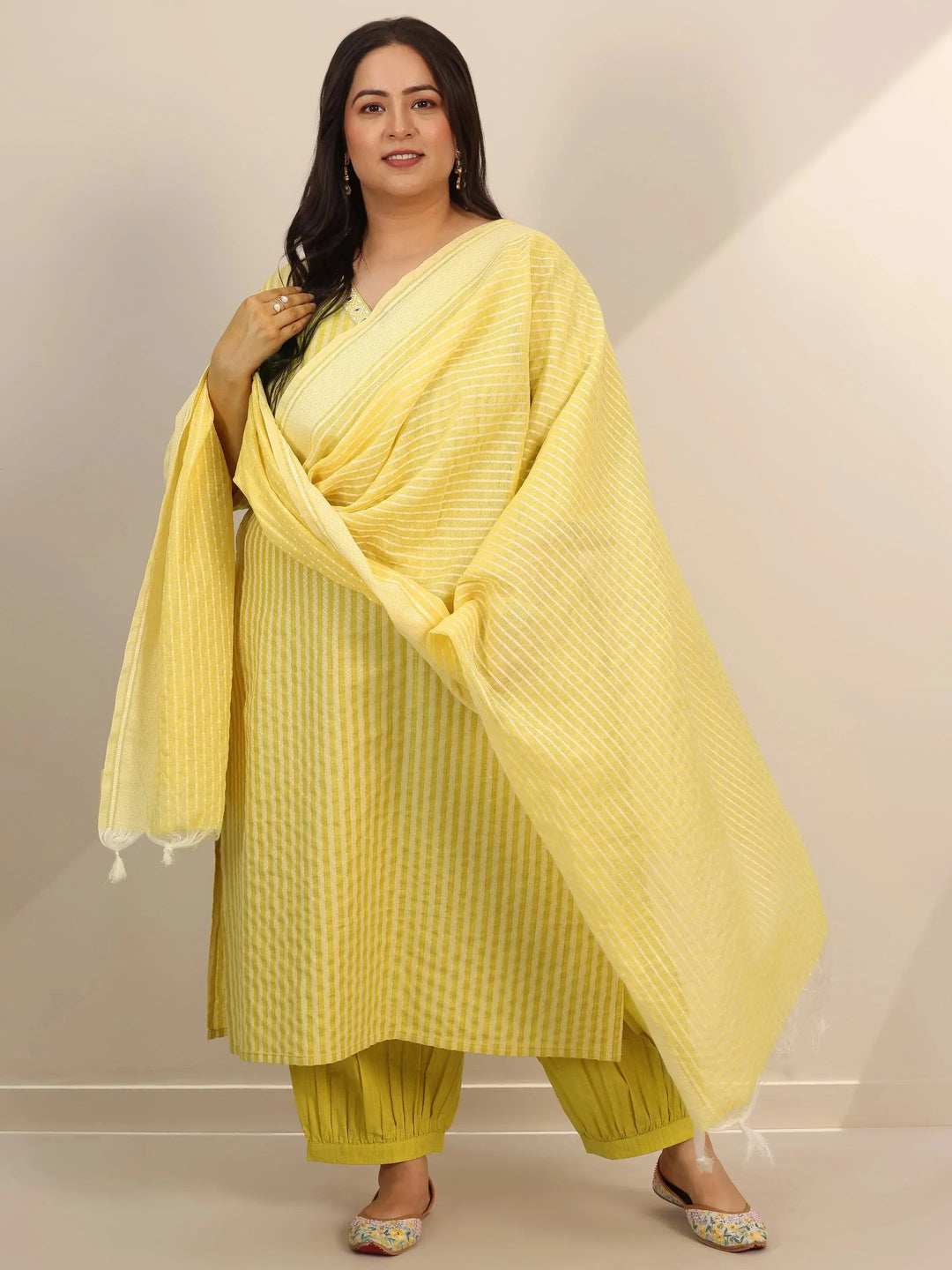 Plus Size Yellow Woven Design Cotton Blend Straight Suit Set With Dupatta