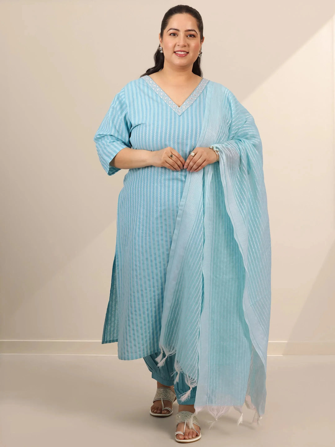  Plus Size Blue Woven Design Cotton Blend Straight Suit Set With Dupatta 