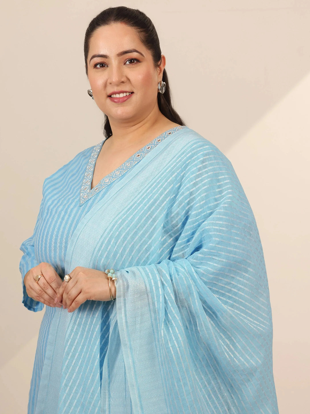  Plus Size Blue Woven Design Cotton Blend Straight Suit Set With Dupatta 