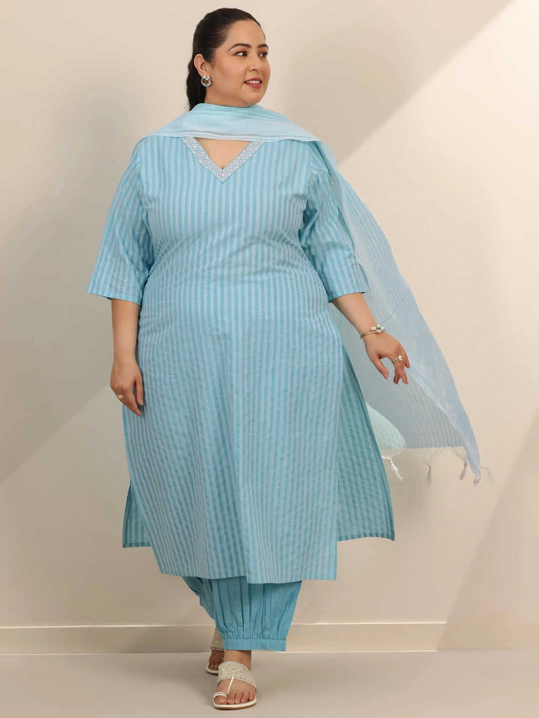 Plus Size Blue Woven Design Cotton Blend Straight Suit Set With Dupatta