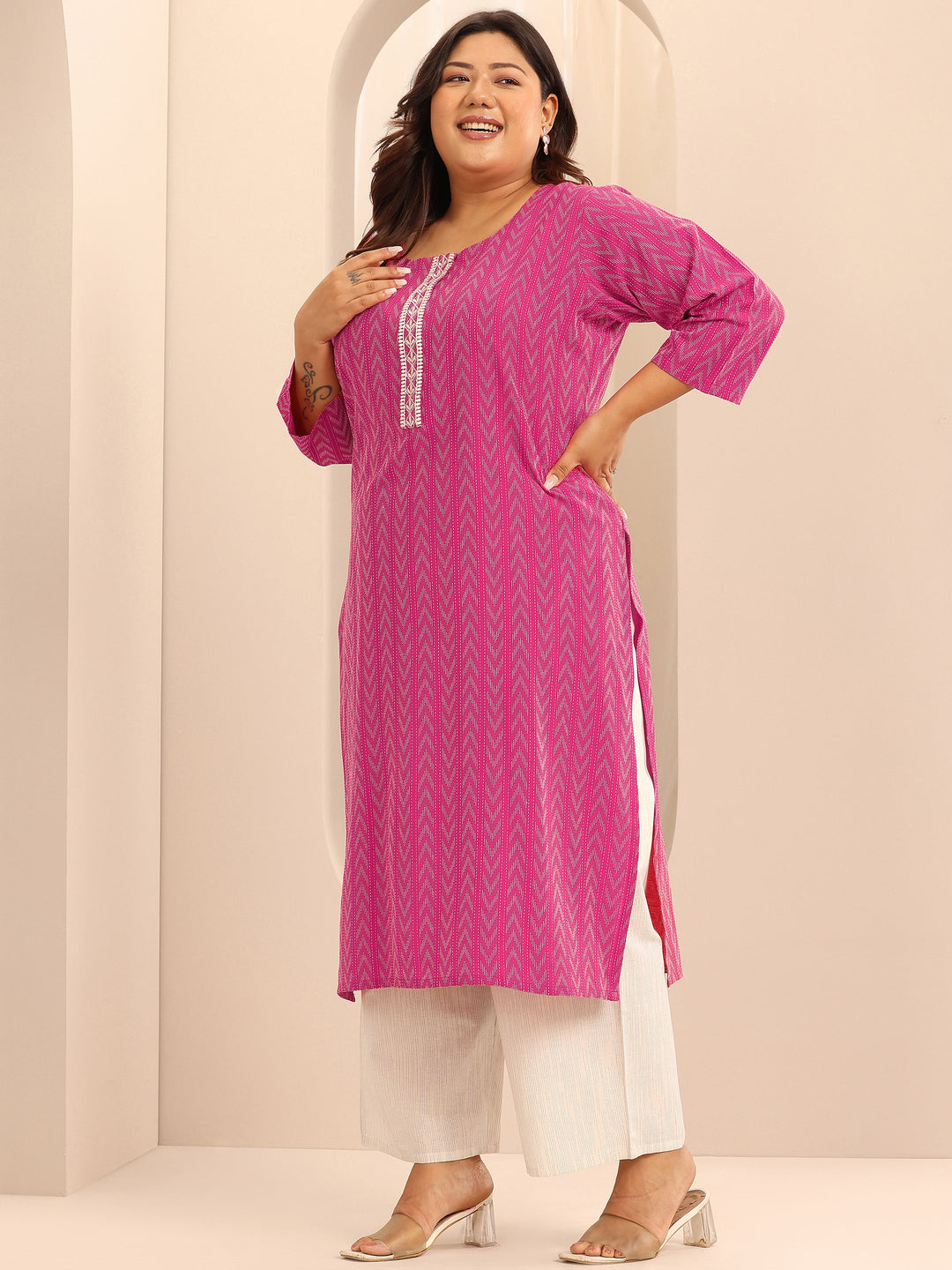  Plus Size Pink Woven Design Cotton Blend Straight Suit Set With Dupatta 