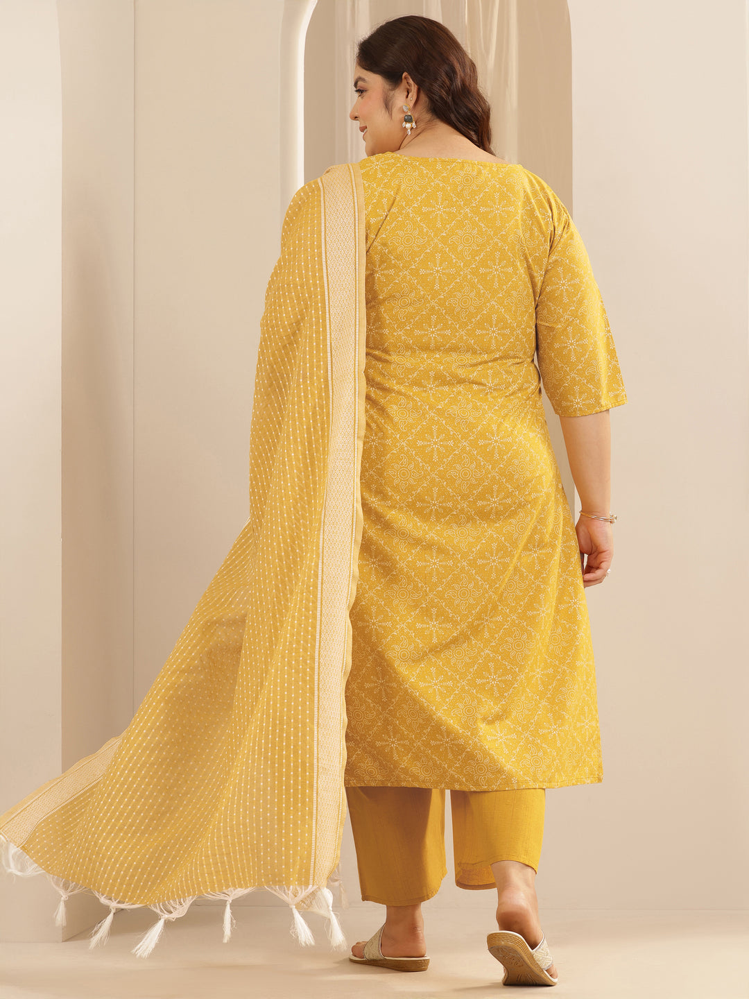  Plus Size Yellow Printed Cotton Blend Straight Suit Set With Dupatta 