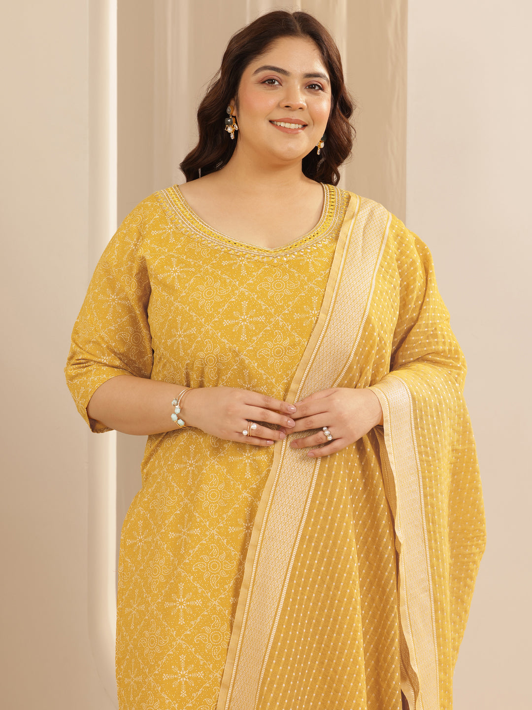  Plus Size Yellow Printed Cotton Blend Straight Suit Set With Dupatta 
