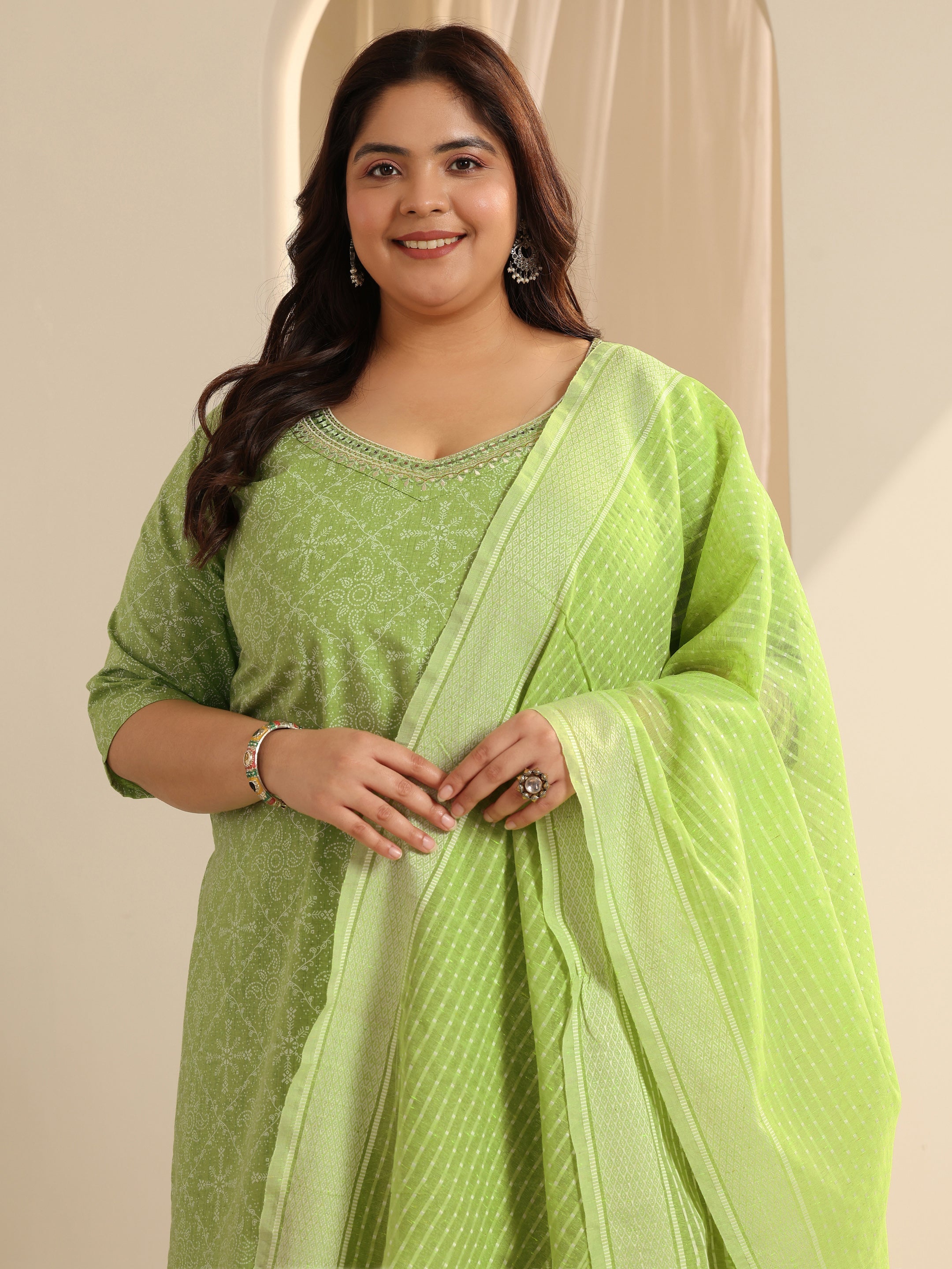 libas Plus Size Green Printed Cotton Blend Straight Suit Set With Dupatta-picture-51