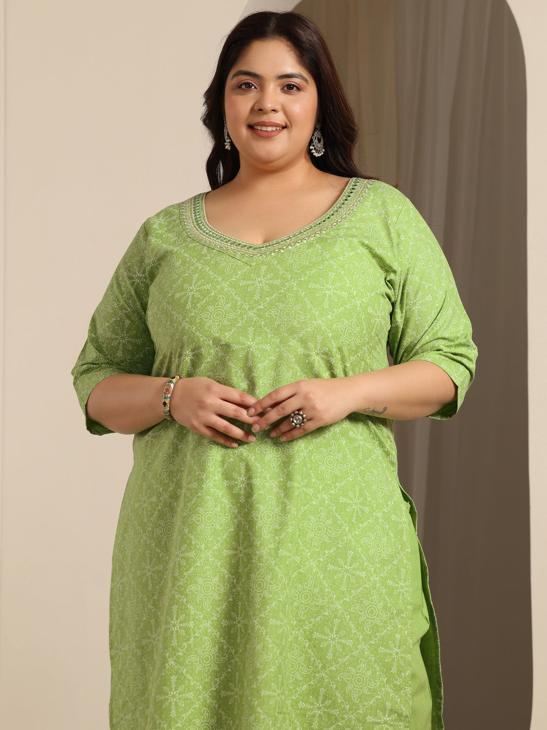  Plus Size Green Printed Cotton Blend Straight Suit Set With Dupatta 