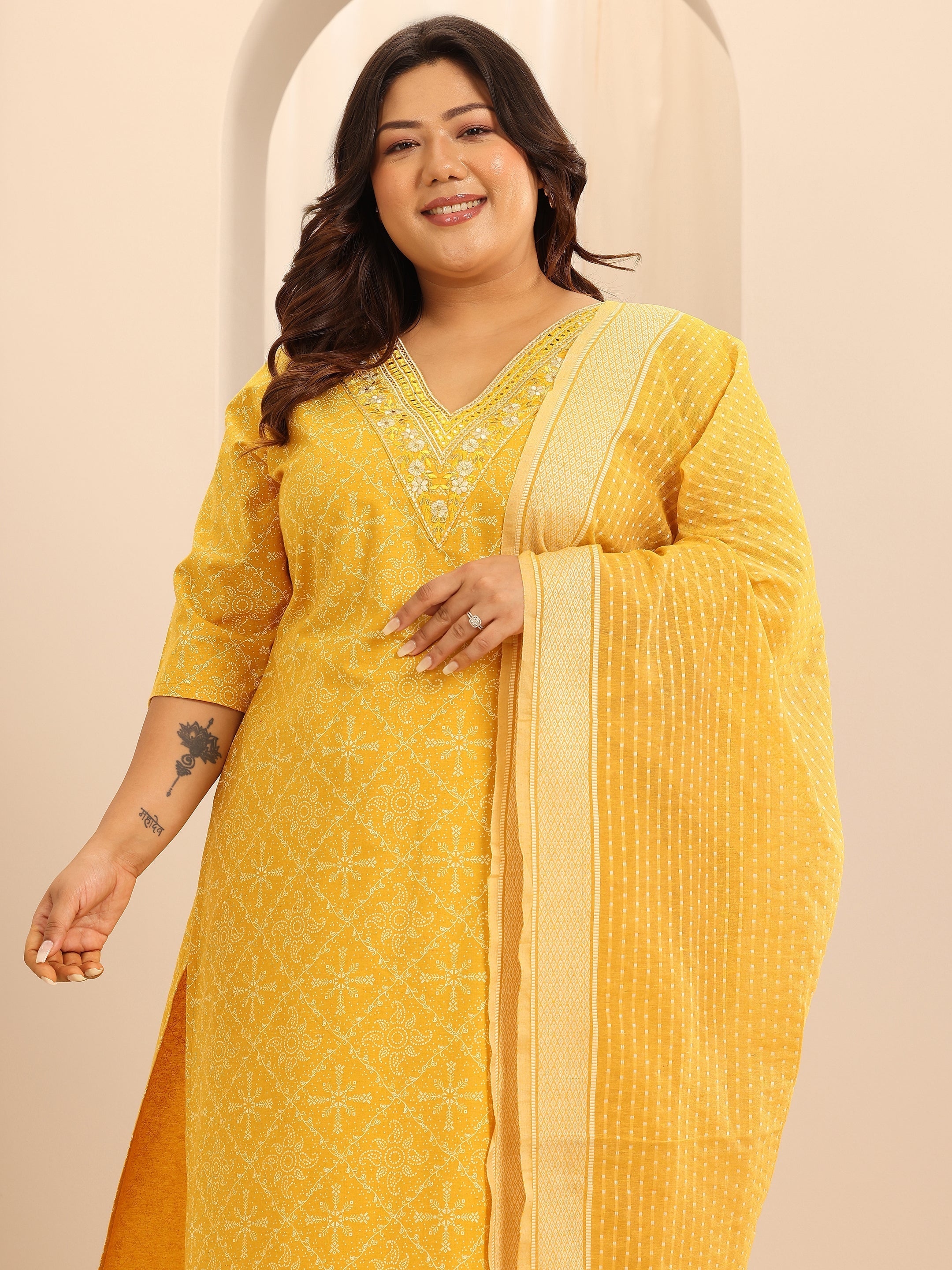 libas Plus Size Yellow Printed Cotton Blend Straight Suit Set With Dupatta-picture-15