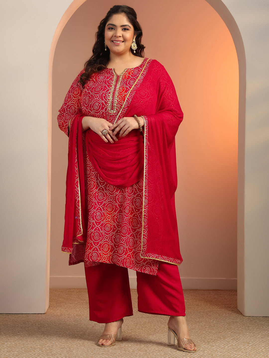  Plus Size Red Printed Viscose Straight Suit Set With Dupatta 