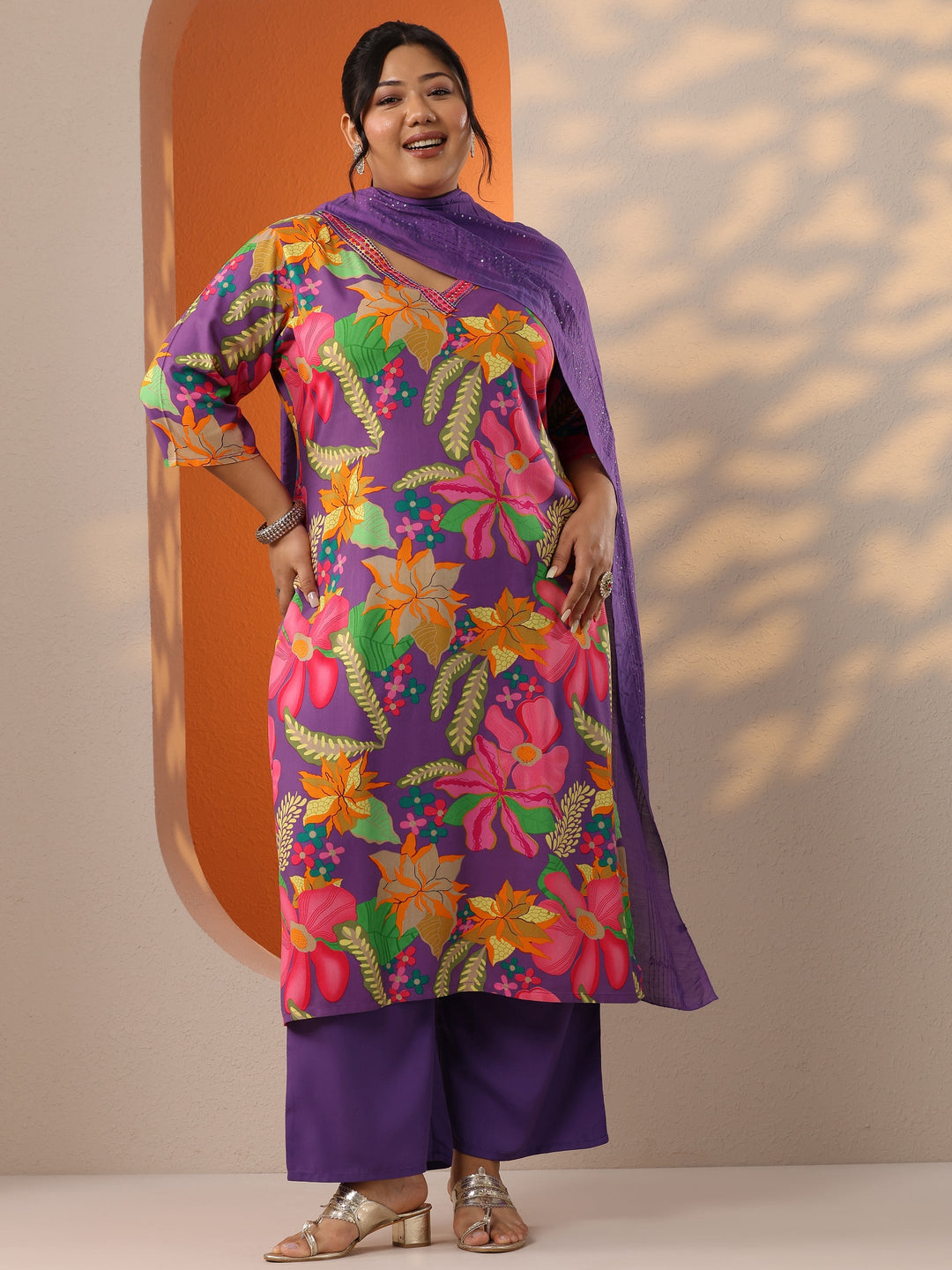  Plus Size Purple Printed Viscose Straight Suit Set With Dupatta 