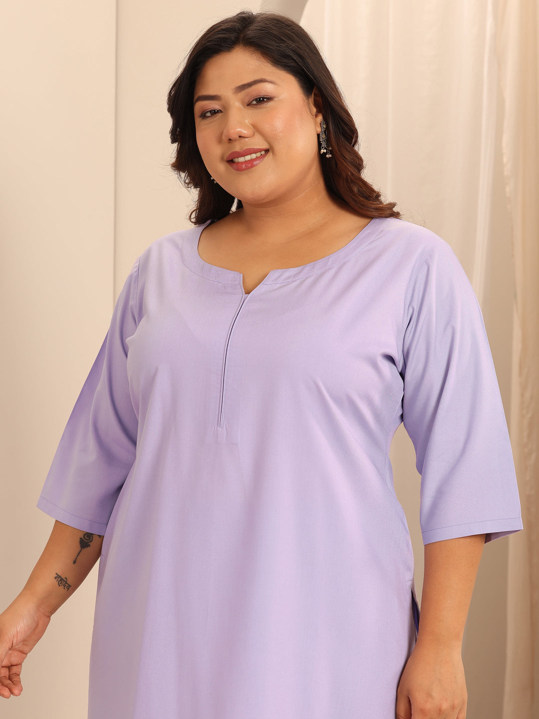  Plus Size Lavender Solid Viscose Rayon Straight Suit Set With Dupatta 