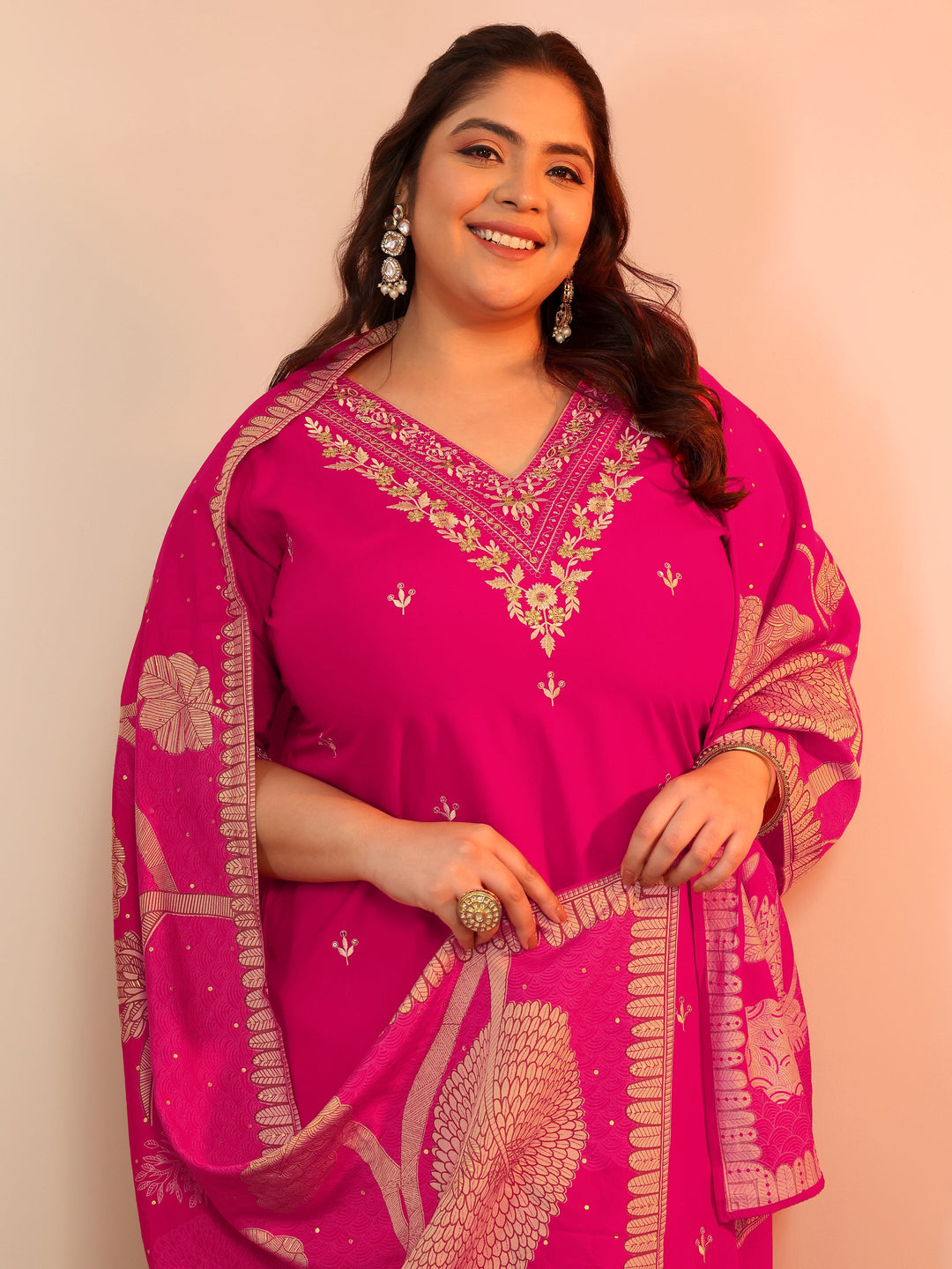  Plus Size Pink Embroidered Viscose Straight Suit Set With Dupatta 