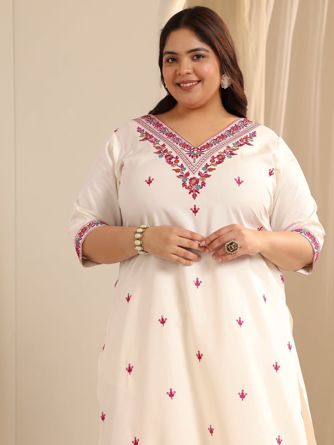  Plus Size White Embroidered Viscose Straight Suit Set With Dupatta 