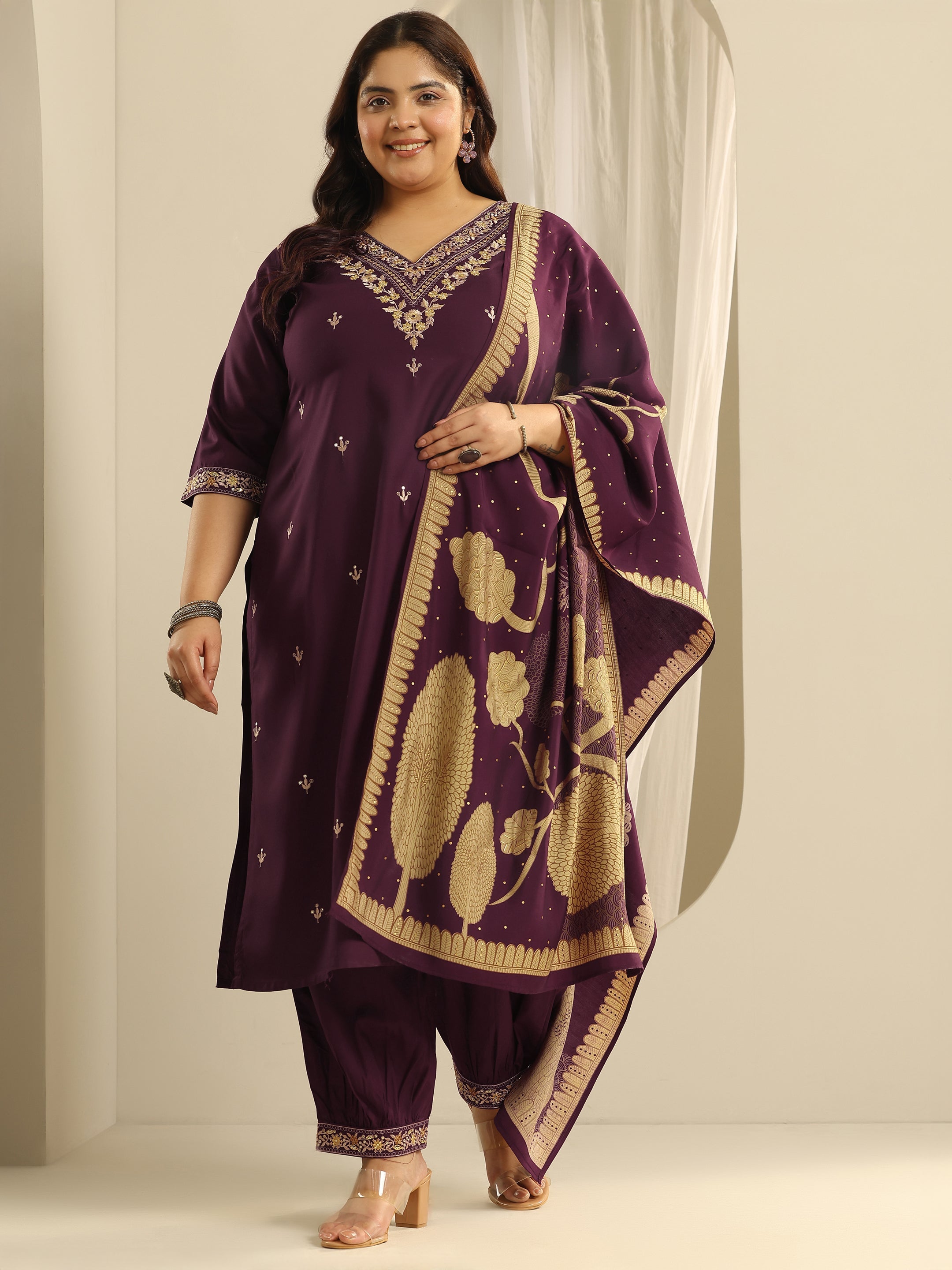 libas Plus Size Burgundy Embroidered Viscose Straight Suit Set With Dupatta-picture-18