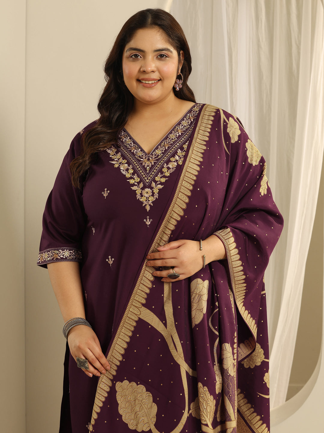  Plus Size Burgundy Embroidered Viscose Straight Suit Set With Dupatta 