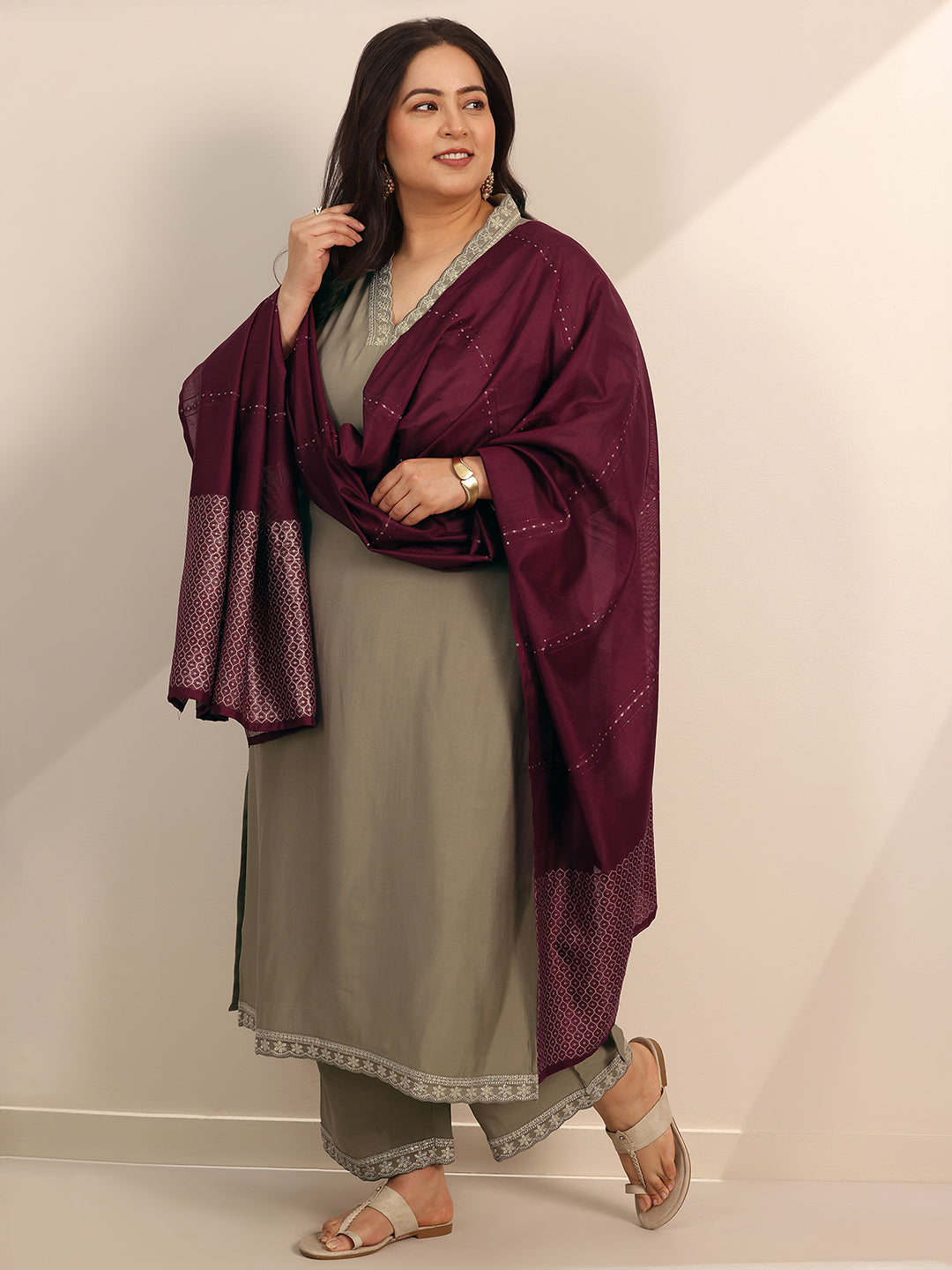 Plus Size Golden Solid Silk Blend Straight Suit Set With Dupatta