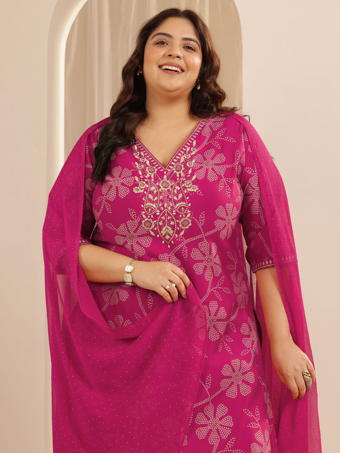  Plus Size Pink Printed Silk blend Straight Suit Set With Dupatta 