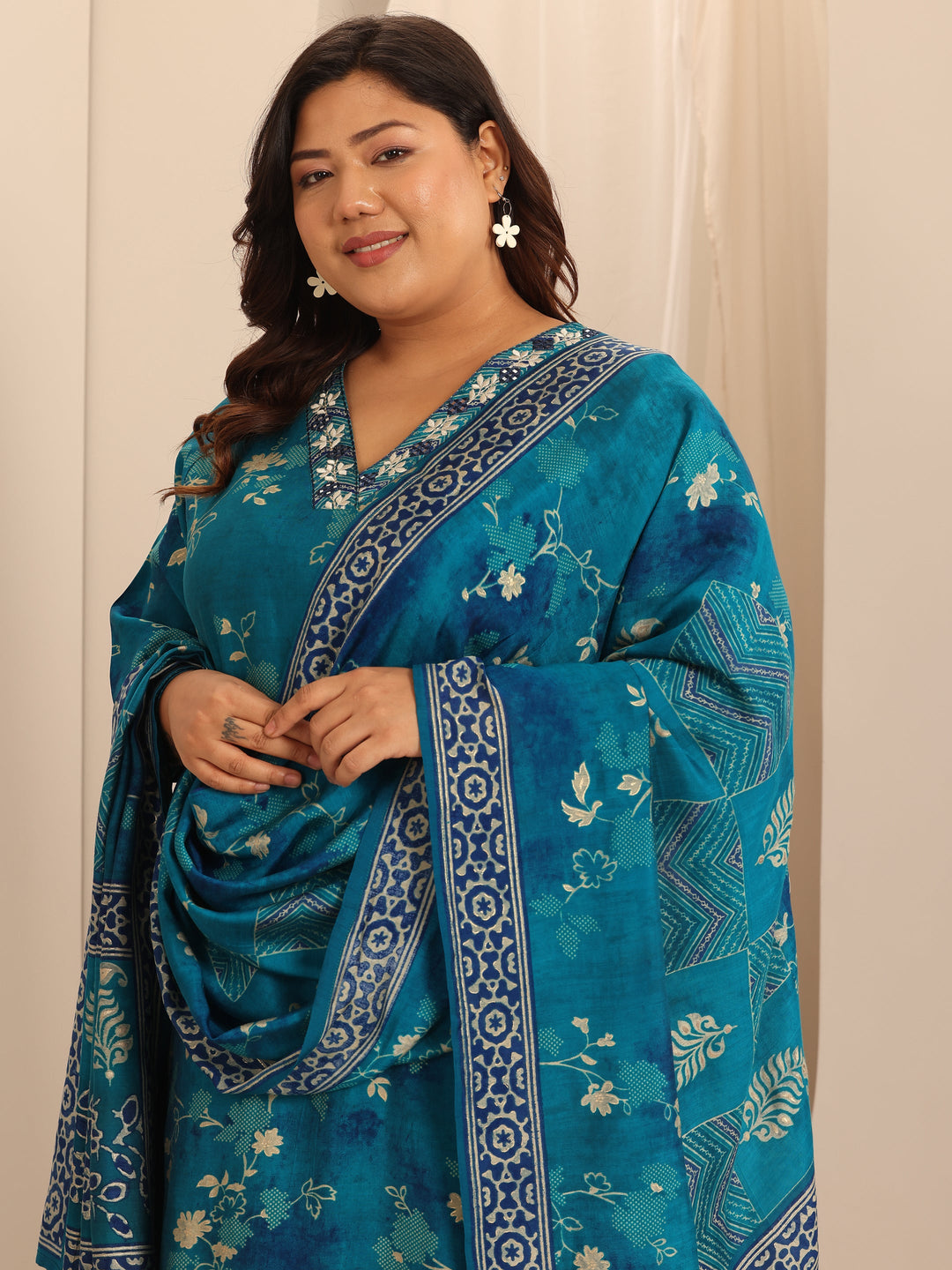  Plus Size Blue Printed Silk Blend Straight Suit Set With Dupatta 