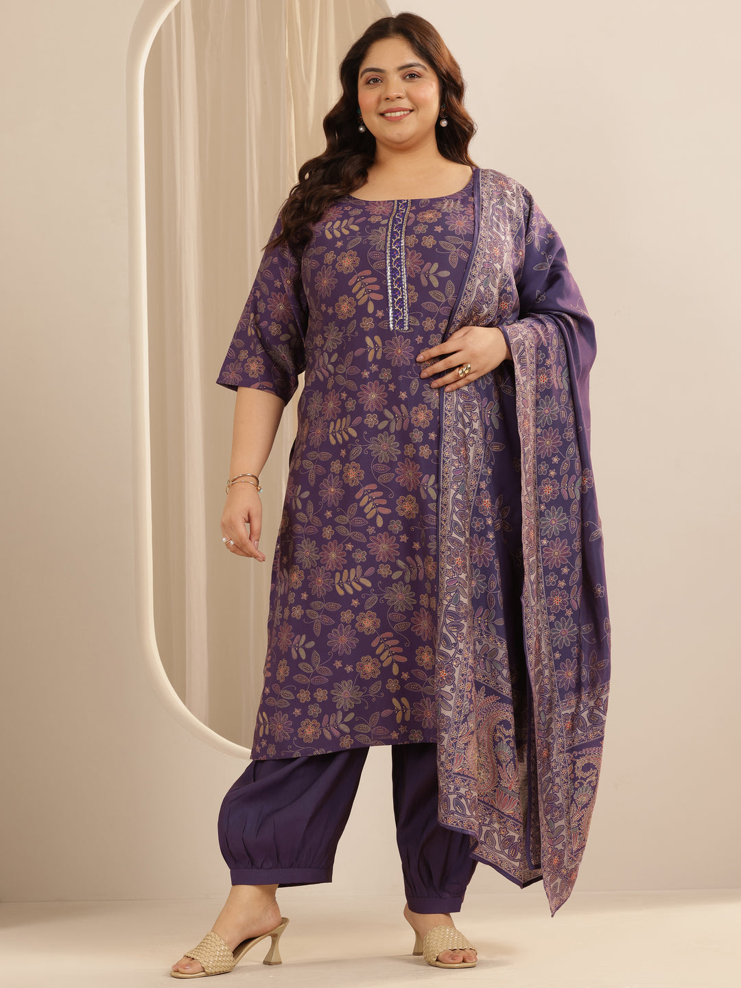  Plus Size Purple Printed Silk blend Straight Suit Set With Dupatta 
