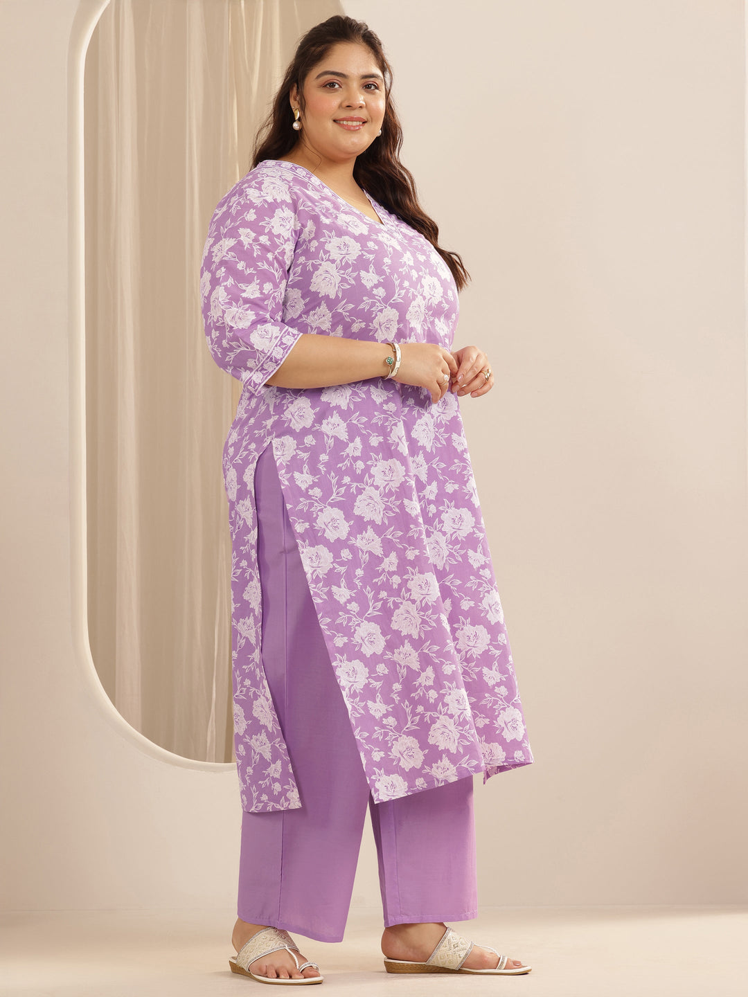  Plus Size Lavender Printed Cotton Straight Suit Set With Dupatta 