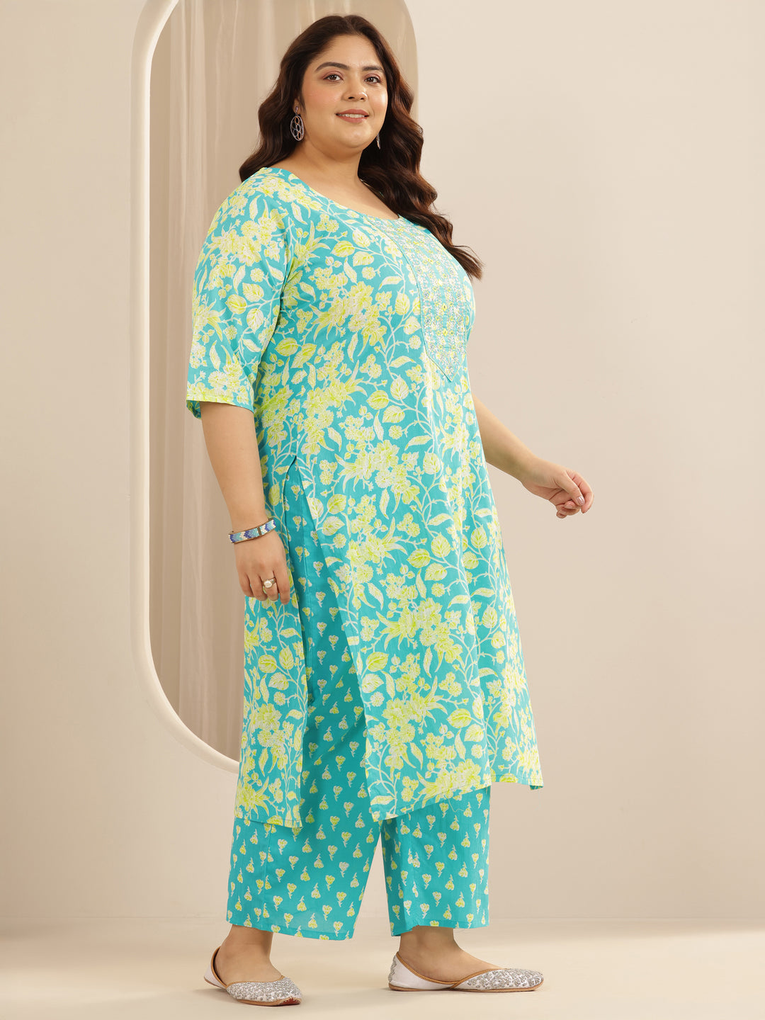  Plus Size Blue Printed Cotton Straight Suit Set With Dupatta 