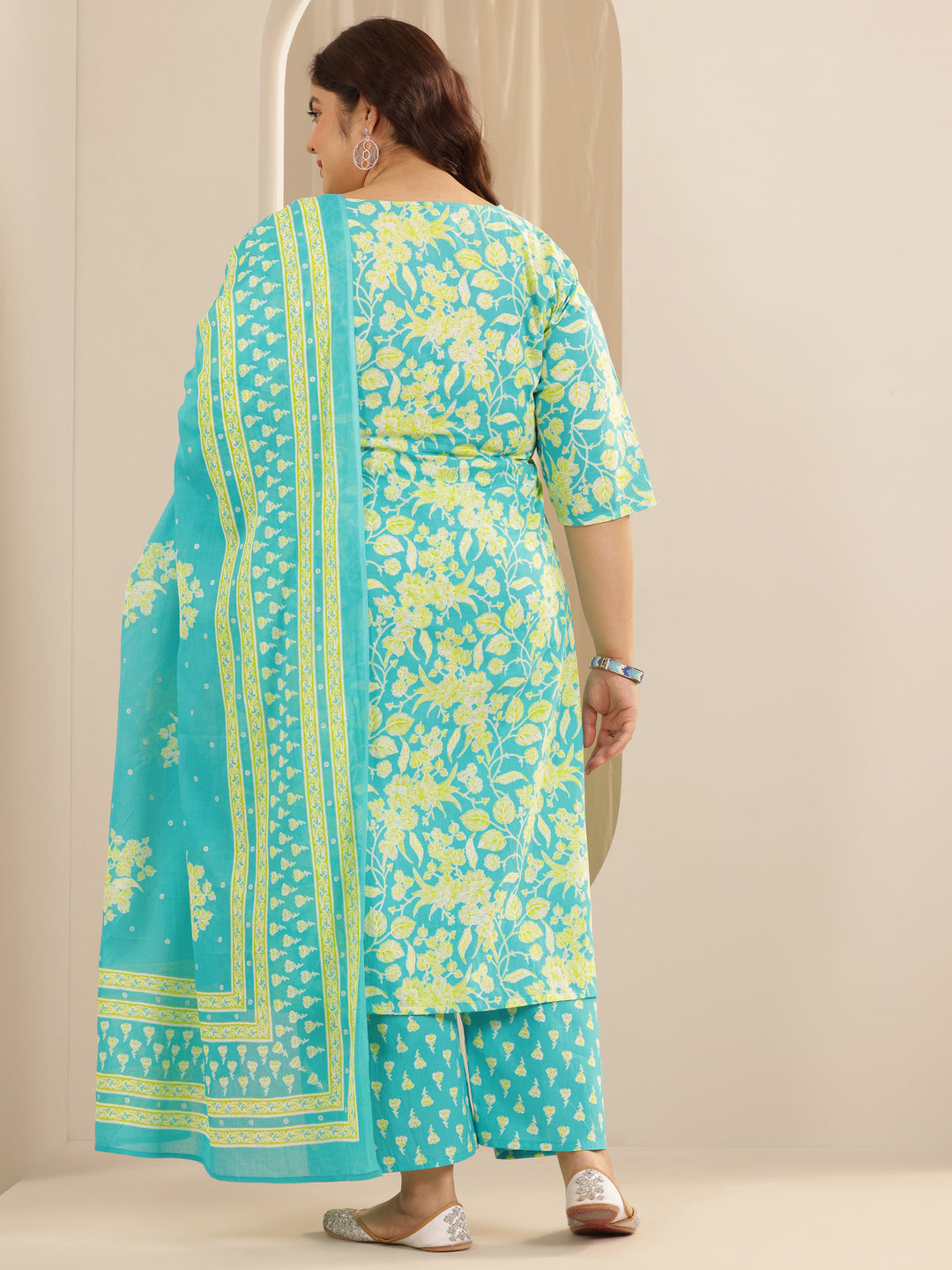  Plus Size Blue Printed Cotton Straight Suit Set With Dupatta 