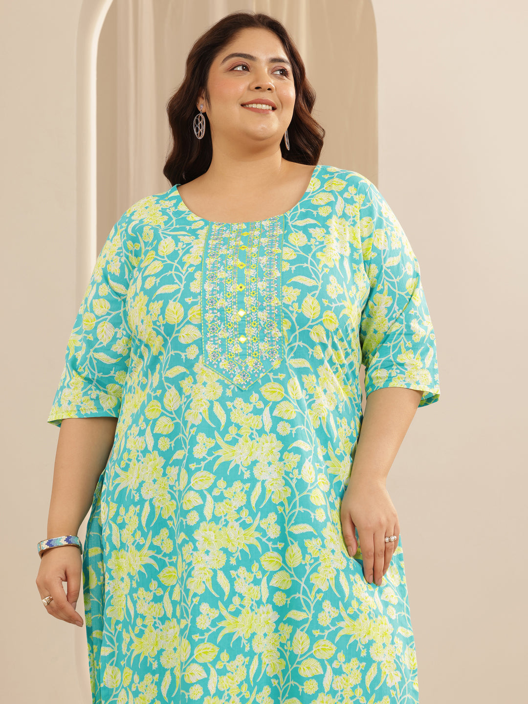  Plus Size Blue Printed Cotton Straight Suit Set With Dupatta 