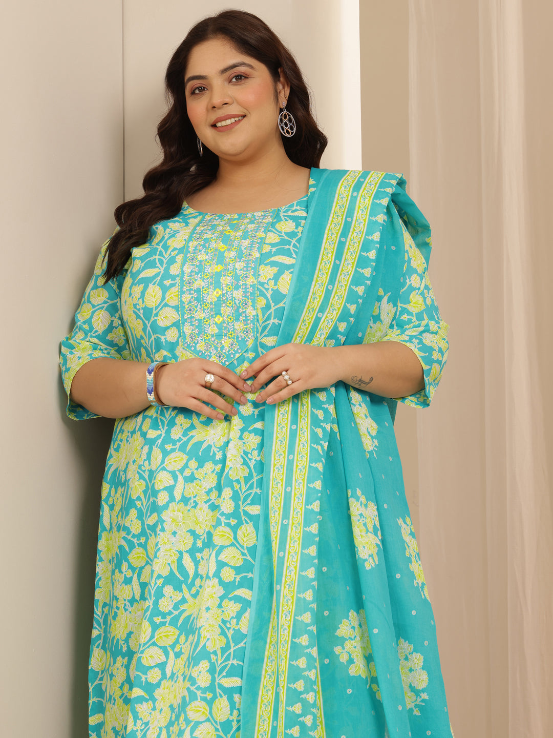  Plus Size Blue Printed Cotton Straight Suit Set With Dupatta 