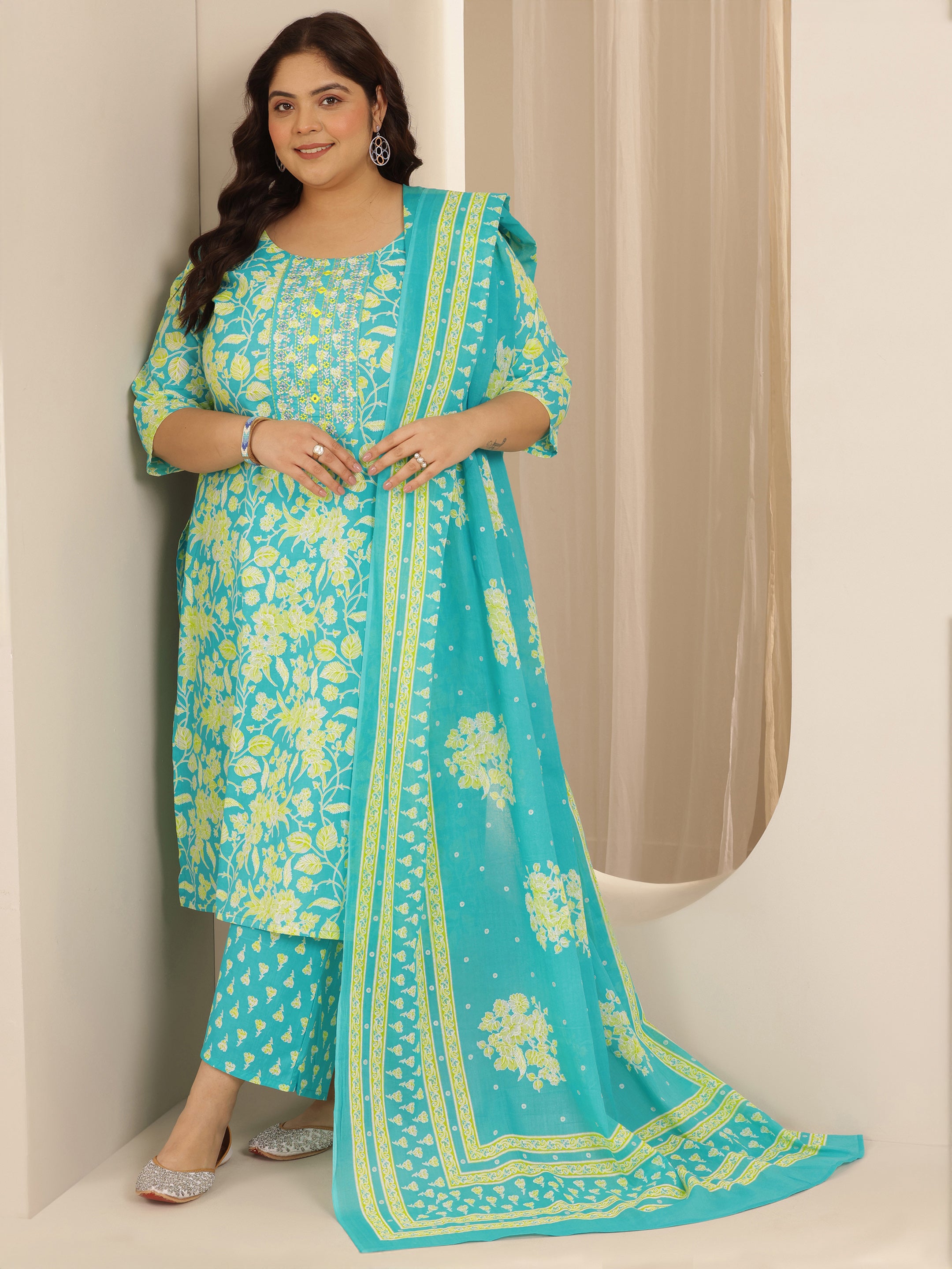 libas Plus Size Blue Printed Cotton Straight Suit Set With Dupatta-picture-27