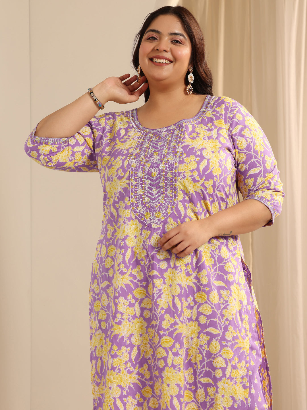  Plus Size Lavender Printed Cotton Straight Suit Set With Dupatta 